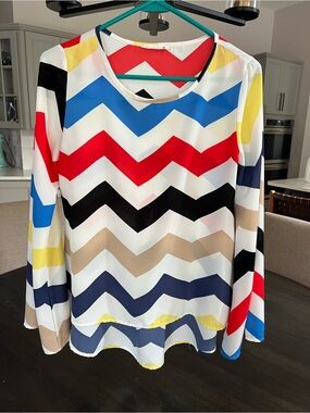 Multicolor Chevron Long-Sleeve Blouse - White with Red, Blue, Black & Tan